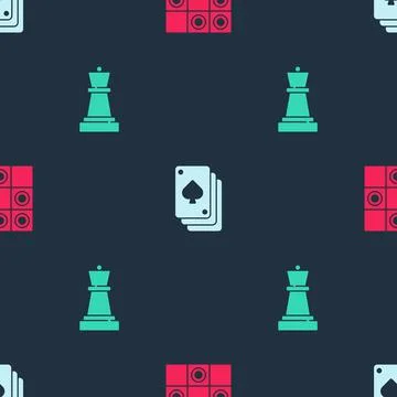 Set Board game of checkers, Playing cards and Chess on seamless pattern. Vector Stock Illustration