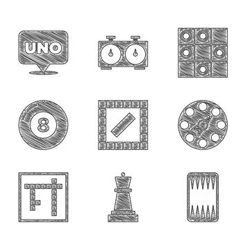 Set Board game, Chess, Backgammon board, Twister, Bingo, Billiard pool snooker Stock Illustration