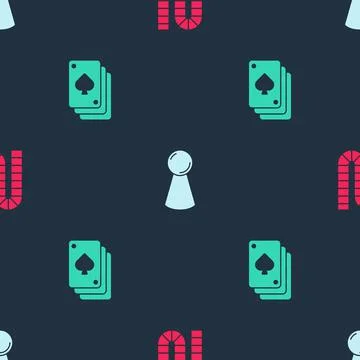 Set Board game, Chip for board and Playing cards on seamless pattern. Vector Stock Illustration