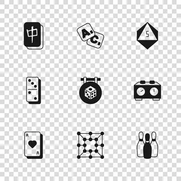 Set Board game, Time chess clock, Bowling pin, Game dice, Mahjong pieces, B.. Stock Illustration