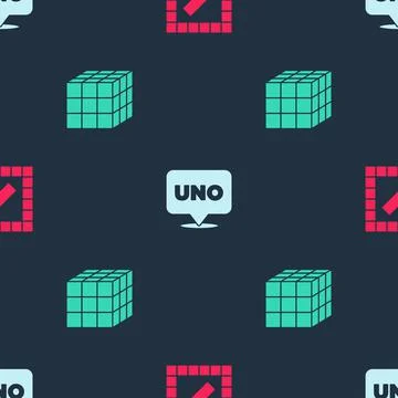Set Board game, Uno card and Rubik cube on seamless pattern. Vector Illustrazione stock
