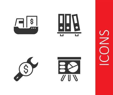Set Board with graph, Cargo ship boxes delivery, Repair price and Office folders Illustrazione stock