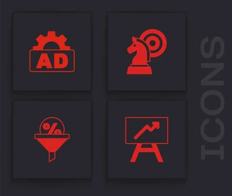 Set Board with graph chart, Advertising, Chess and Lead management icon. Vector Illustrazione stock