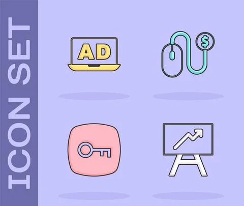 Set Board with graph chart, Advertising, Key and icon. Vector Stock Illustration