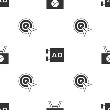 Set Board with graph chart, Advertising and Target on seamless pattern. Vector Illustrazione stock