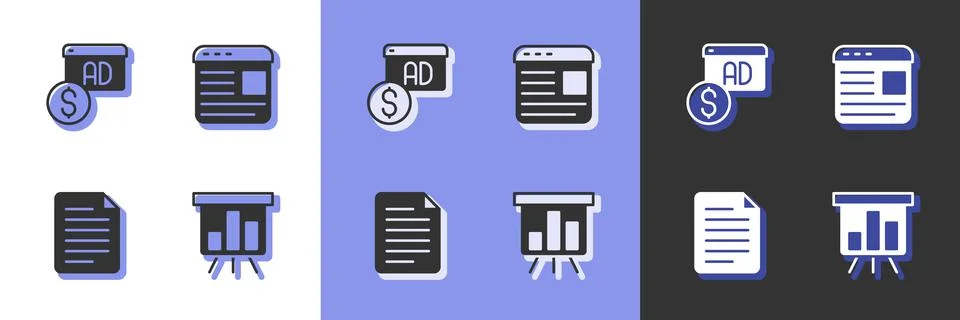 Set Board with graph chart, Advertising, File document and icon. Vector Illustrazione stock
