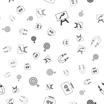 Set Board with graph chart, Advertising, Magnet and Target on seamless pattern Illustrazione stock