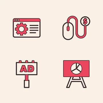 Set Board with graph chart, Browser setting, Advertising and icon. Vector Stock Illustration