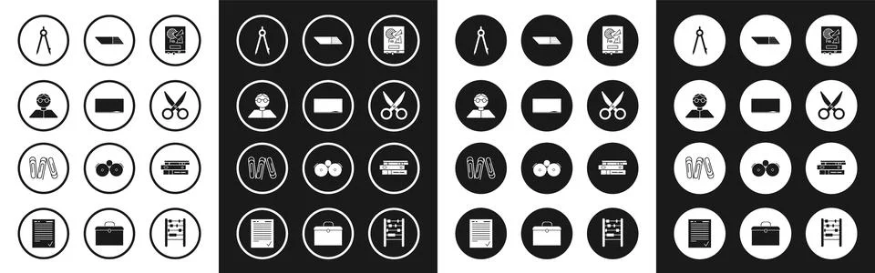 Set Board with graph chart, Chalkboard, Student, Drawing compass, Scissors,.. Stock Illustration