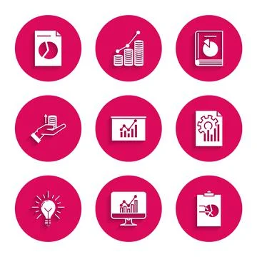 Set Board with graph chart, Computer monitor, Clipboard, Document, Light bulb 스톡 일러스트