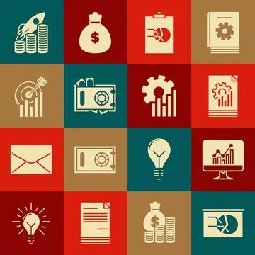 Set Board with graph chart, Computer monitor, Document, Clipboard, Safe and Stock-Illustration
