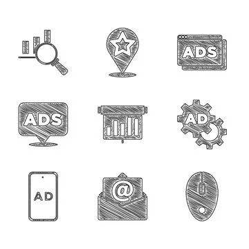 Set Board with graph chart, Mail and e-mail, Computer mouse, Advertising, and Ilustración de archivo