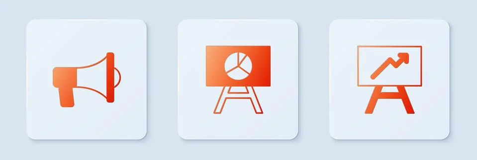 Set Board with graph chart, Megaphone and . White square button. Vector Illustrazione stock