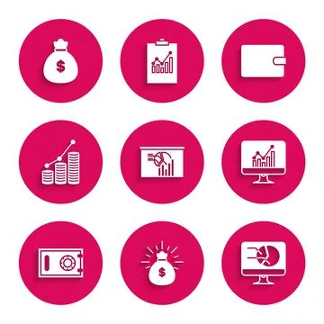 Set Board with graph chart, Money bag, Computer monitor, Safe, Pie infograp.. Illustrazione stock