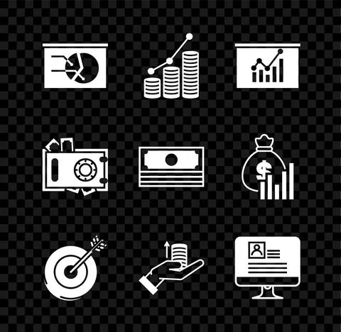 Set Board with graph chart, Pie infographic and coin, Target, Money on hand Stock Illustration