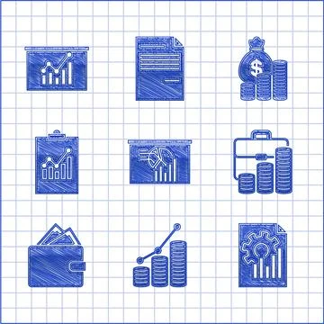 Set Board with graph chart, Pie infographic and coin, Document, Briefcase, Wa イラスト素材