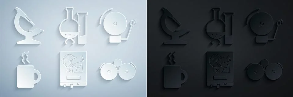 Set Board with graph chart, Ringing alarm bell, Coffee cup, Test tube and flask イラスト素材