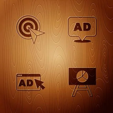 Set Board with graph chart, Target, Advertising and on wooden background. Vector Illustrazione stock