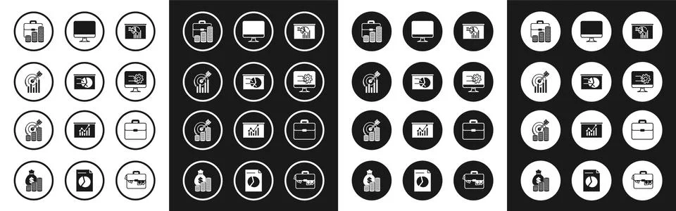 Set Board with graph chart, Target, Briefcase and coin, Computer monitor, screen Stock-Illustration
