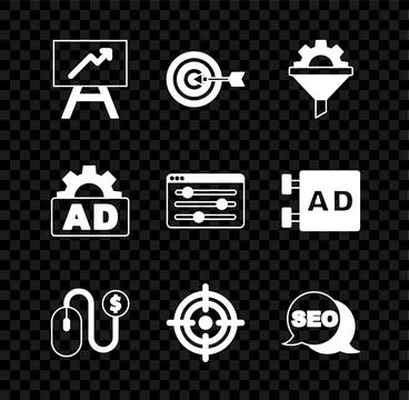 Set Board with graph chart, Target, Sales funnel gear, Advertising, SEO opt.. Stock Illustration