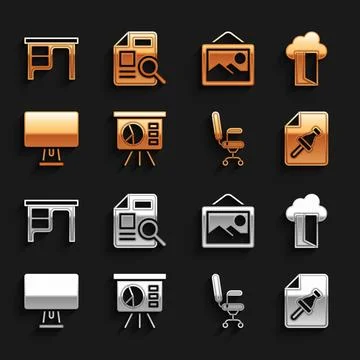 Set Board with graph, Cloud database, Note paper push button, Office chair,.. Stock Illustration