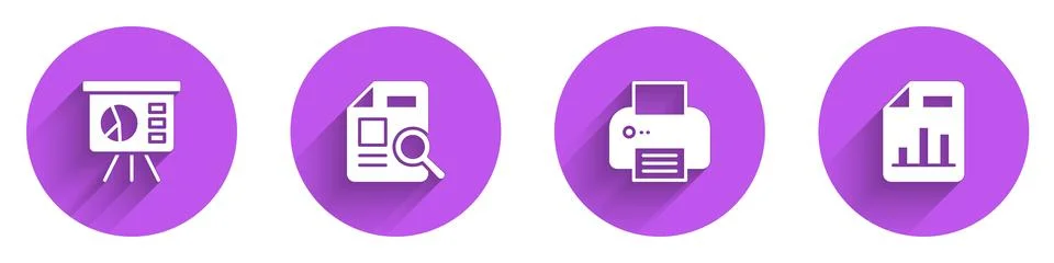 Set Board with graph, Document chart, Printer and icon with long shadow. Vector Stock Illustration