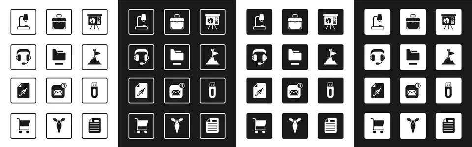Set Board with graph, Document folder, Headphones, Table lamp, Mountains flag Stock Illustration