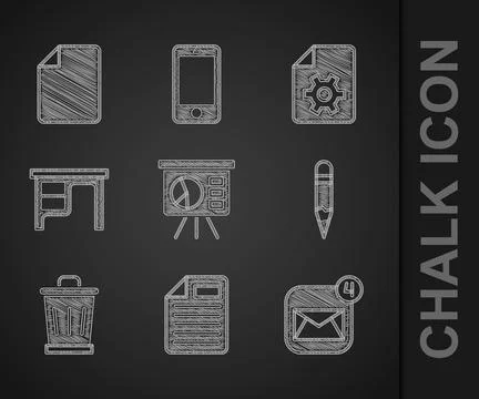 Set Board with graph, File document, Envelope, Pencil, Trash can, Office desk Stock-Illustration