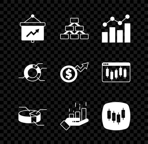Set Board with graph, Hierarchy organogram, Financial growth, Pie chart Illustrazione stock