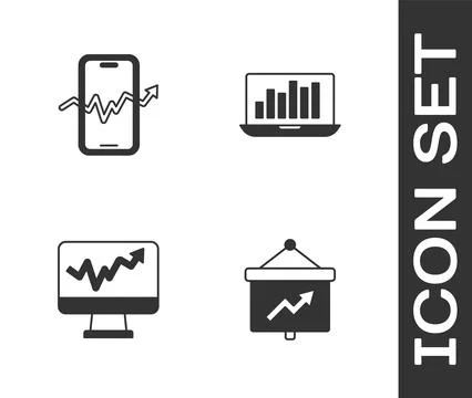 Set Board with graph, Mobile stock trading, Monitor chart and Laptop icon. .. Illustrazione stock