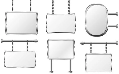 Set board in a metal frame hanging on chains, silver signboard, isolated vect Stock-Illustration