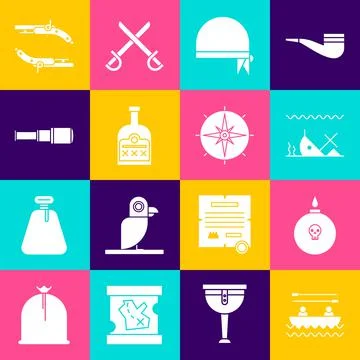 Set Boat with oars, Bomb ready to explode, Sunken ship, Pirate bandana for head Stock Illustration
