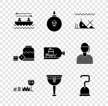 Set Boat with oars, Bomb ready to explode, Sunken ship, Treasure and riches.. Stock Illustration