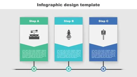 Set Boat with oars, Rocket ship fire and Parking. Business infographic template Stock Illustration