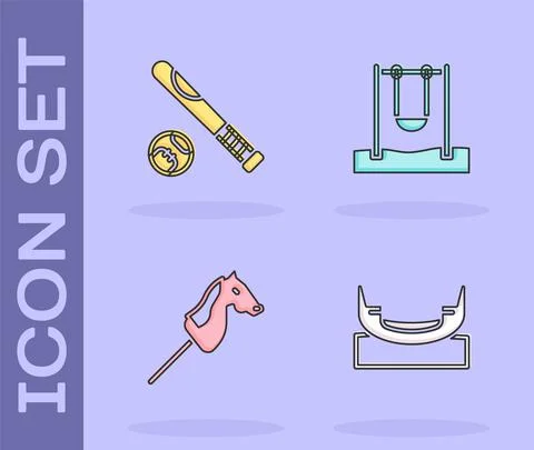 Set Boat swing, Baseball bat with ball, Toy horse and Swing icon. Vector Illustrazione stock