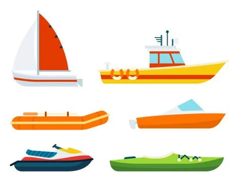 A set of boats of different types and purposes vector illustration in a flat Stock Illustration