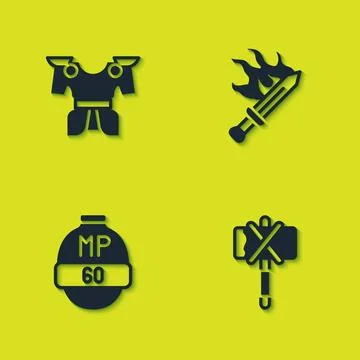 Set Body armor, Medieval axe, Video game bar and Sword for icon. Vector Stock Illustration