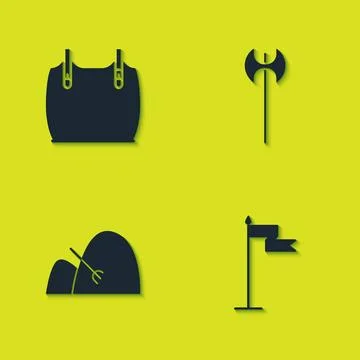 Set Body armor, Medieval flag, Bale of hay and rake and axe icon. Vector Illustrazione stock