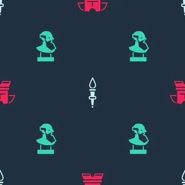 Set Body armor, Torch flame and Ancient bust sculpture on seamless pattern Stock Illustration