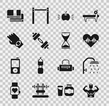 Set Bodybuilder muscle, Shower head, Heart rate, Apple, Dumbbell, Smart watch on イラスト素材