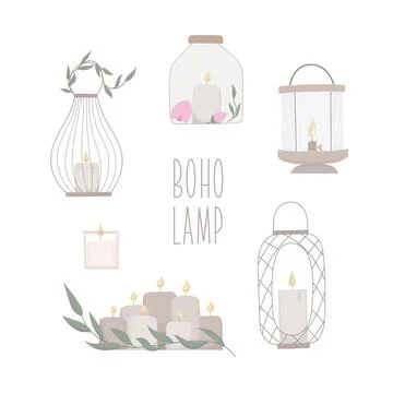 Set of bogemian lamp with candle. Hand drawn vector illustration at rustic style Stock Illustration