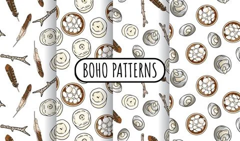 Set of bohemian seamless border patterns. Indigenous boho doodles background. Stock Illustration