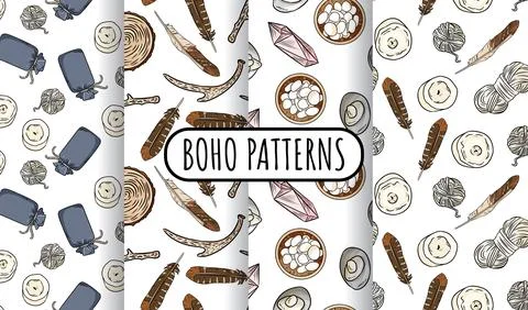 Set of bohemian seamless border patterns. Indigenous boho doodles background. Stock Illustration
