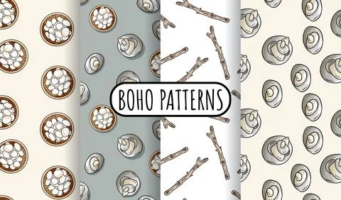 Set of bohemian seamless border patterns. Indigenous boho doodles background. Stock Illustration
