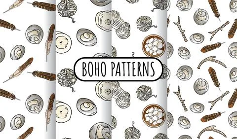Set of bohemian seamless border patterns. Indigenous boho doodles background. Stock Illustration