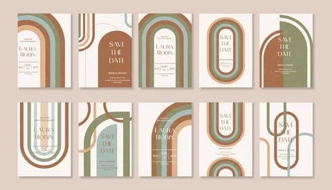 Set of Boho Arch Wedding Invitation Terraccota Rust Beige Modern Retro 70s Ra Stock Illustration