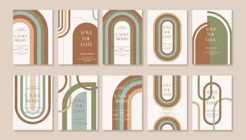 Set of Boho Arch Wedding Invitation Terraccota Rust Beige Modern Retro 70s Ra Stock Illustration
