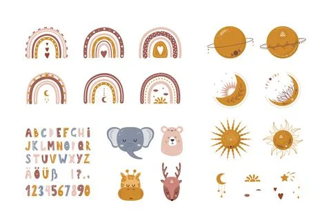 Set of boho elements rainbows, planets, moons, suns, animals. Cute hand drawn Stock Illustration