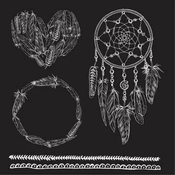 Set of boho elements. Vector illustration with Dreamcatcher, feathers, arrow, Illustrazione stock