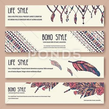 Set of boho ornament illustration style concept. Art traditional, poster, book Stock Illustration
